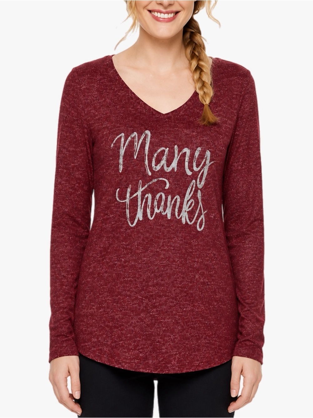 Sonoma Many Thanks Graphic Long Sleeve Knit Top Burgundy Women’s XL